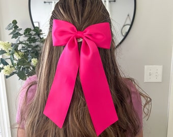 Shocking Pink Satin Bow Hair Clip - Girls Luxury Hot Pink Bow - Satin Bow for Prom, Flower Girl, Bridesmaid