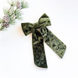 Olive Green Crushed Velvet Long Tails Hair Bow - Girls Olive Green Velvet Bow - Holiday Velvet Hair Bow