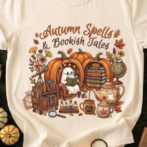 Maglietta autunnale da libro, accogliente per lettori, Halloween, fantasma, cottagecore, autunno, lettura, grafica, maglietta, felpa, regalo