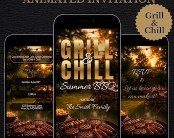 Summer BBQ Invitation, Animated Grill and Chill Party Invite, Backyard Cookout Video Invitation, Editable Canva Template