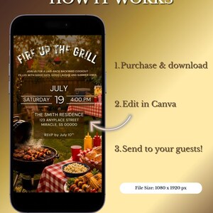 May include: A smartphone displaying a digital invitation for a backyard cookout titled FIRE UP THE GRILL. The screen shows event details including date, time, and location. Next to the phone, the text outlines three steps: Purchase & download, Edit in Canva, and Send to your guests, with a file size of 1080 x 1920 px.