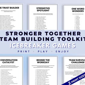 Puede incluir: Un kit de herramientas para trabajo en equipo con seis hojas de actividades imprimibles con texto negro sobre papel blanco. El título central dice STRONGER TOGETHER TEAM BUILDING TOOLKIT ICEBREAKER GAMES PRINT PLAY ENJOY. Una banda azul indica 2 PRINT SIZES INCLUDED.