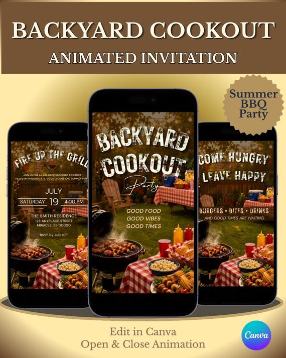 Backyard Cookout Invitation, Animated BBQ Party Invite, Summer BBQ Invitation, Editable Canva Template, Backyard Party Digital Invite