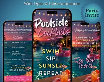 Pool Party Invitation, Animated Poolside Cocktails Invite, Summer Party Invite, Editable Canva Template, Mobile Video Invitation