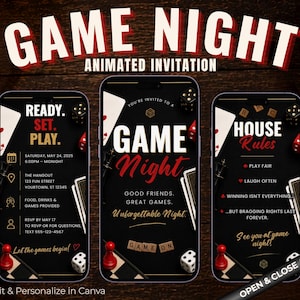 May include: Three smartphones displaying a digital game night invitation template with a black background, white and red text, playing cards, dice, and game pieces. The screens feature text including GAME NIGHT, READY. SET. PLAY., and HOUSE RULES.