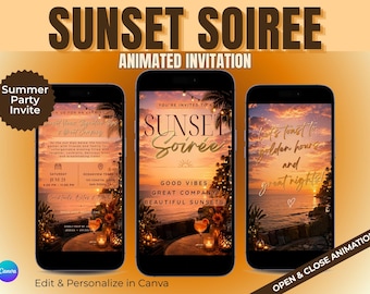 Summer Cocktail Party Invitation, Animated Sunset Soirée Invite, Editable Canva Template, Mobile Video Invitation