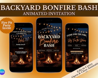 Bonfire Party Invitation, Animated Backyard Bonfire Bash Invite, Editable Canva Template, Mobile Video Invitation