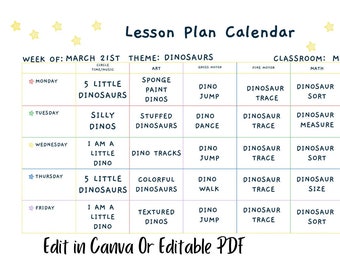 Modèle de plan de leçon pour garderie/préscolaire/pré~maternelle/maternelle/élémentaire, modèle Canva et plan de leçon hebdomadaire modifiable en PDF, étoiles