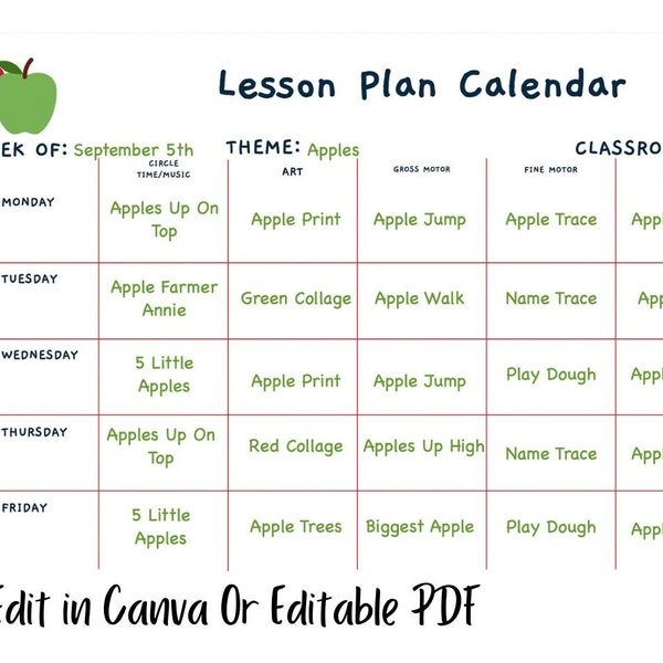 Daycare/Preschool/Pre~K/Kindergarten/Elementary Lesson Plan Template, Canva Template & Editable PDF Weekly Lesson Plan, Apple Tree Theme