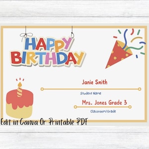 Cartão de feliz aniversário para a sala de aula, certificado de aniversário do aluno, PDF para impressão e modelo Canva, creche, pré-escola, jardim de infância, ensino fundamental