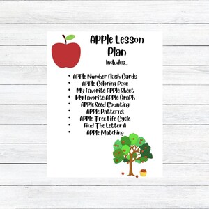 May include: A printable lesson plan for teaching about apples. The plan includes activities such as apple number flash cards, apple coloring pages, and apple seed counting. An illustration of an apple tree with red apples is in the bottom right corner.