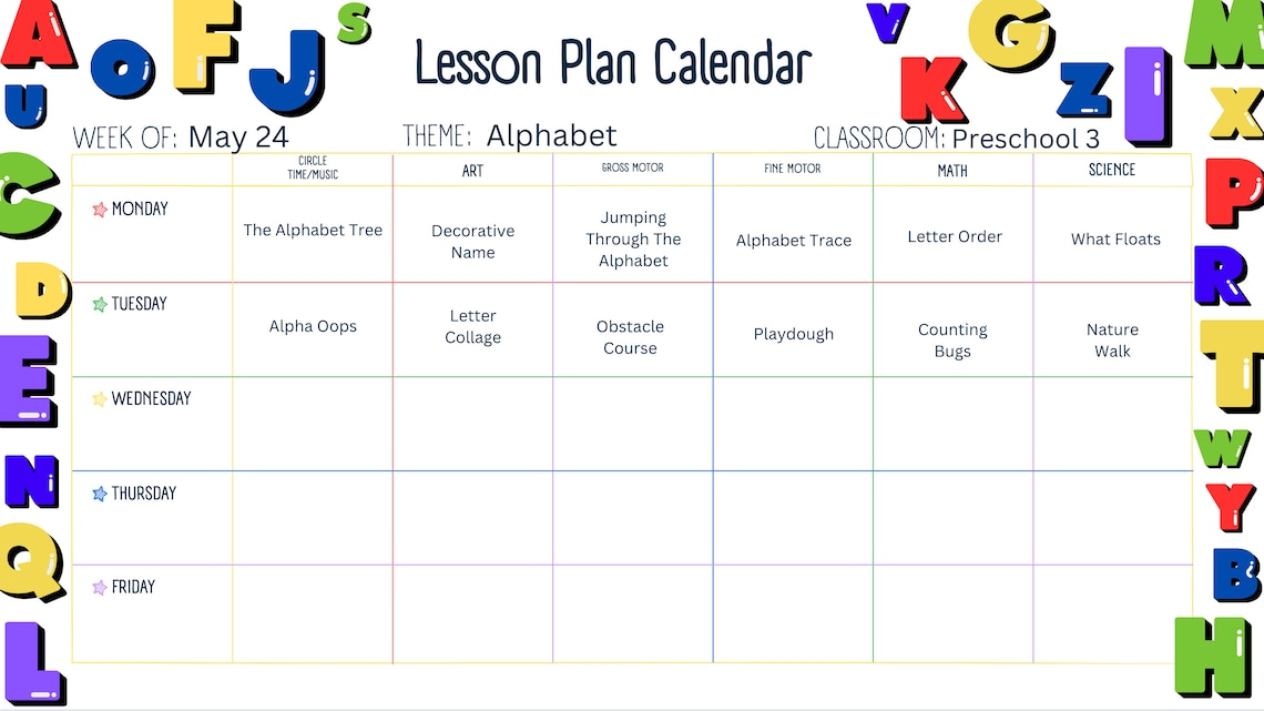 Colorful Alphabet Lesson Plan Template: Editable Weekly Calendar (canva ...