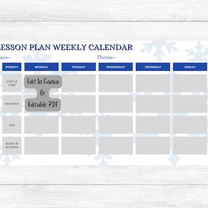 Daycare/Preschool/Pre~K/Kindergarten/Elementary Lesson Plan Template, Canva Template & Editable PDF Weekly Lesson Plan, Winter Theme