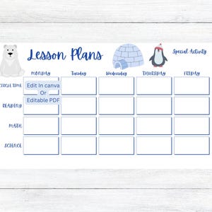 Daycare/Preschool/Pre~K/Kindergarten/Elementary Lesson Plan Template, Canva Template & Editable PDF Weekly Lesson Plan, Cute Polar Animals