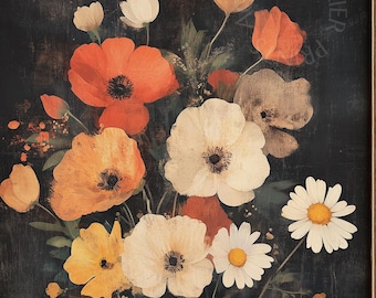 Dark Floral Wall Art Black Background Flower Painting Moody Botanical Print Vintage Cottagecore Decor 106