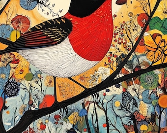 Arte mural de aves folclóricas, estampado botánico colorido, decoración maximalista cottagecore, descarga digital ecléctica imprimible 132