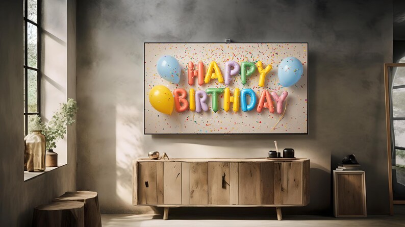 "Celebratory happy birthday digital art for living space TV — shiny foil letters and cheerful balloons set a playful ambiance."