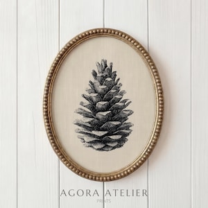 Puede incluir: Impresión enmarcada ovalada con una ilustración en blanco y negro de una piña. La impresión está sobre un fondo beige y enmarcada en un marco ovalado dorado con cuentas. El texto "AGORA ATELIER PRINTS" está en la parte inferior.
