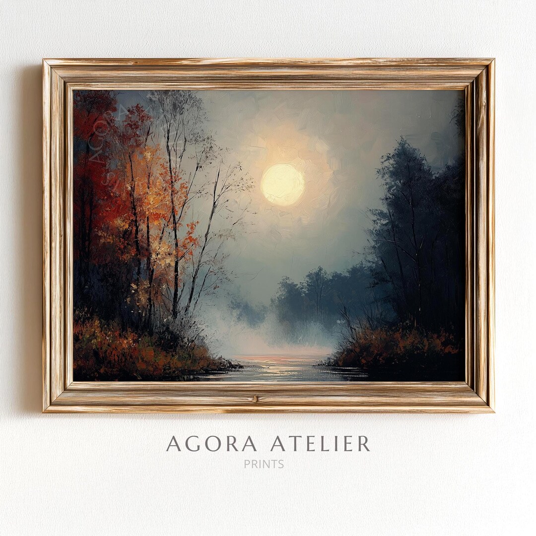 Moon Wall Art Moody Landscape Night Forest Print Misty River Painting ...