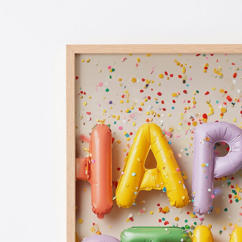 "Happy birthday balloon art for Samsung Frame TV — vibrant, party-ready design with cheerful foil letters and soft shadows."