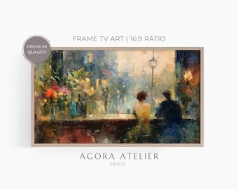 Moody Paris Café Valentinstag Rahmen TV Art | Romantische Bistroszene mit Rosen | Gemütliches TV Decor 280