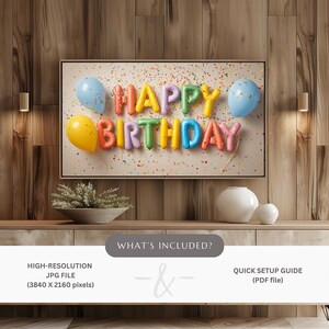 "Balloon letter birthday artwork for Samsung Frame TV — celebratory vibe with reflective foil and scattered festive confetti."