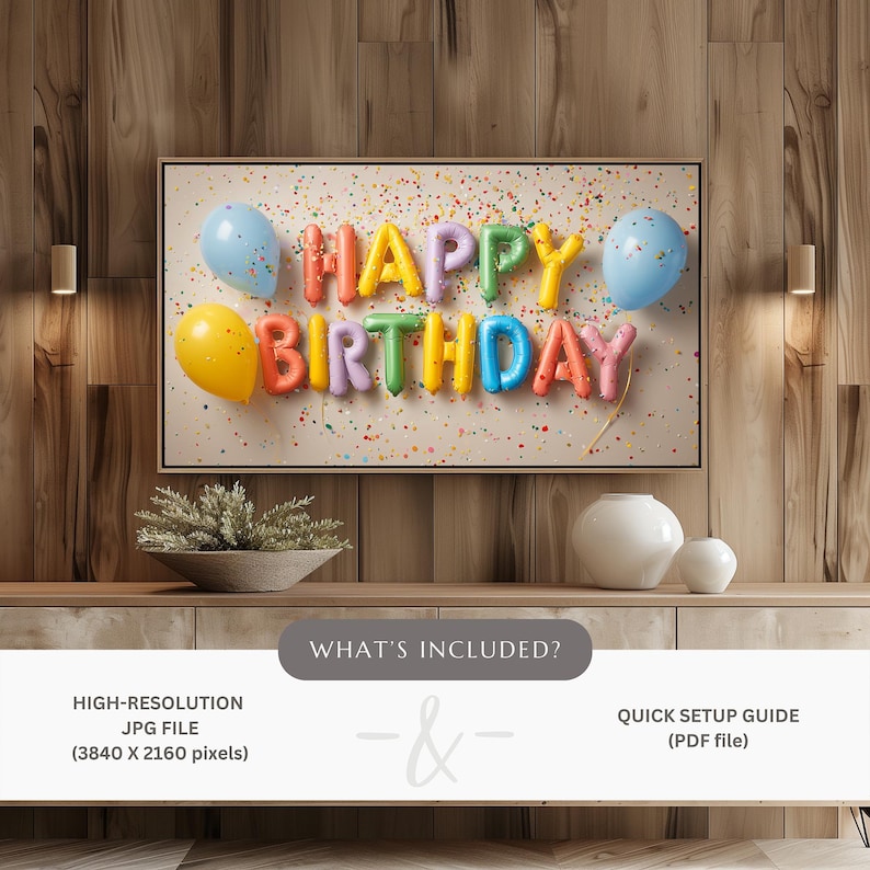 "Balloon letter birthday artwork for Samsung Frame TV — celebratory vibe with reflective foil and scattered festive confetti."