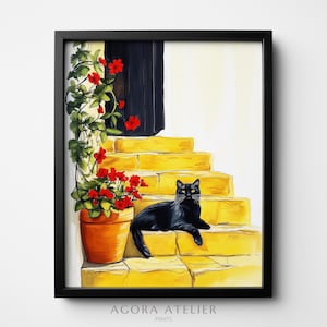 May include: A framed art print featuring a black cat resting on yellow steps. A terracotta pot with red flowers and green foliage sits to the left. A dark door is visible in the background. The print is signed "AGORA ATELIER PRINTS".