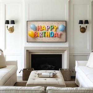 "Colorful birthday foil letters printable art for kids' celebration — playful design featuring confetti and bright balloons on a neutral backdrop."
