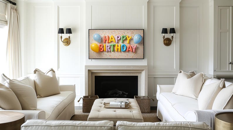 "Colorful birthday foil letters printable art for kids' celebration — playful design featuring confetti and bright balloons on a neutral backdrop."