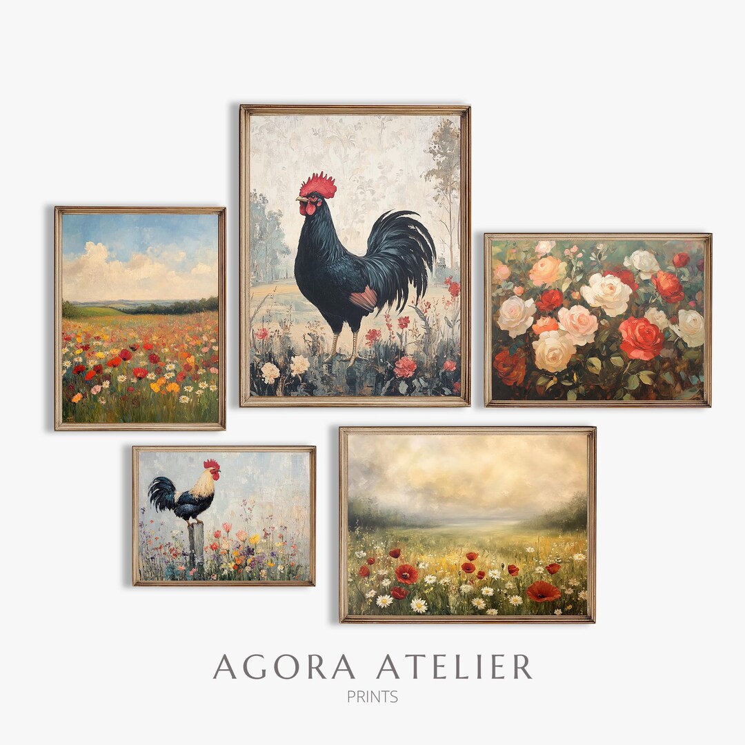 Rustic Farmhouse Printable Wall Art Set of 5 Vintage Rooster and ...