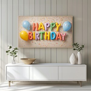"Festive Samsung Frame art featuring colorful birthday balloons — reflective letter design with playful confetti for cheerful décor."