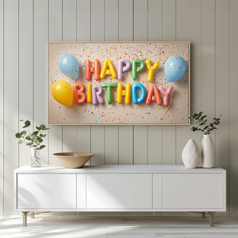 "Festive Samsung Frame art featuring colorful birthday balloons — reflective letter design with playful confetti for cheerful décor."