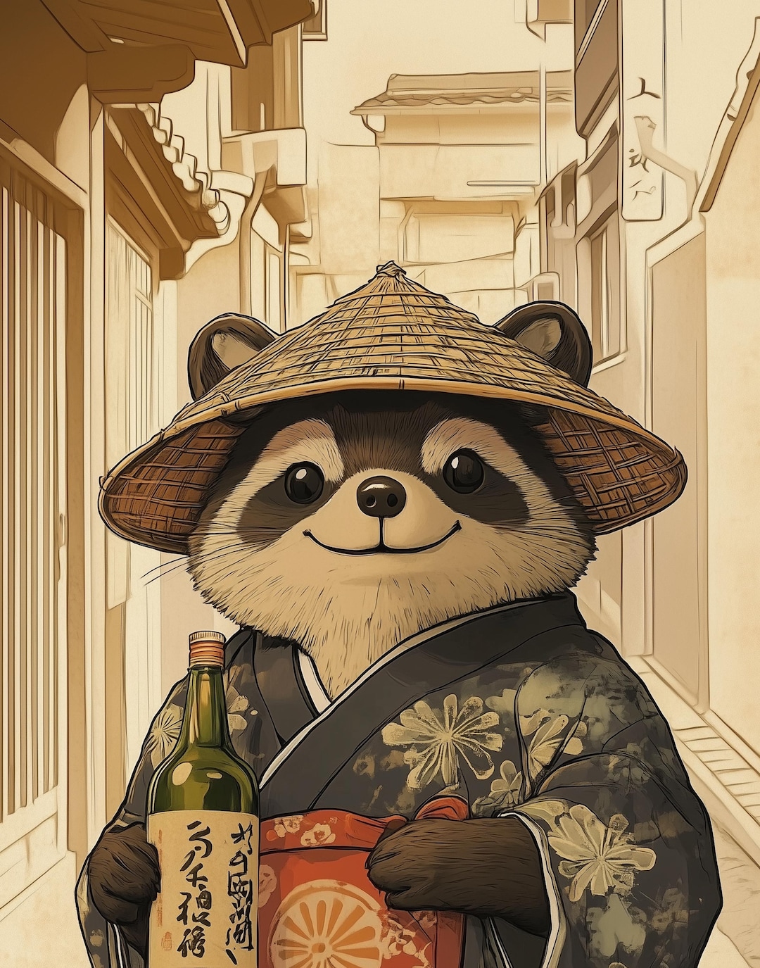 Cute Tanuki Wall Art | Japanese Raccoon Dog Print | Japanese Folklore ...