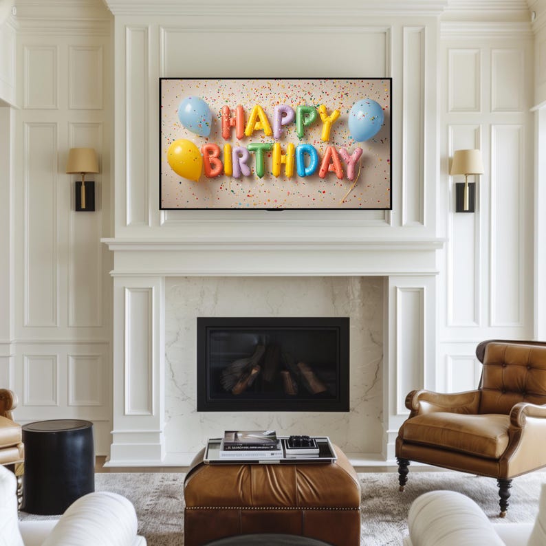 "Happy birthday themed Samsung Frame TV art for party room — vibrant metallic letters and playful colors create a fun atmosphere."