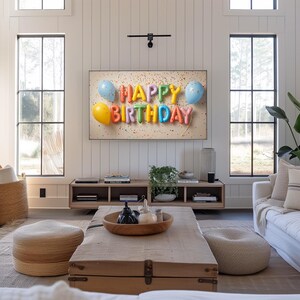 "Bright foil balloon birthday art for Frame TV in party area — joyful design with colorful confetti adding festive detail."