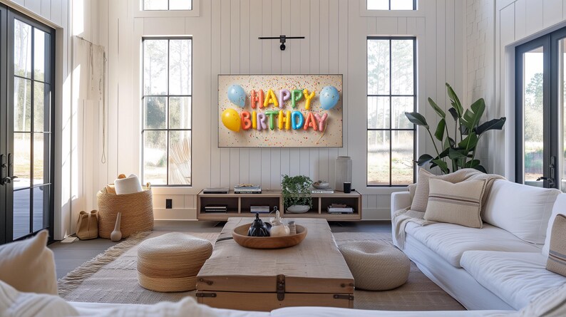 "Bright foil balloon birthday art for Frame TV in party area — joyful design with colorful confetti adding festive detail."