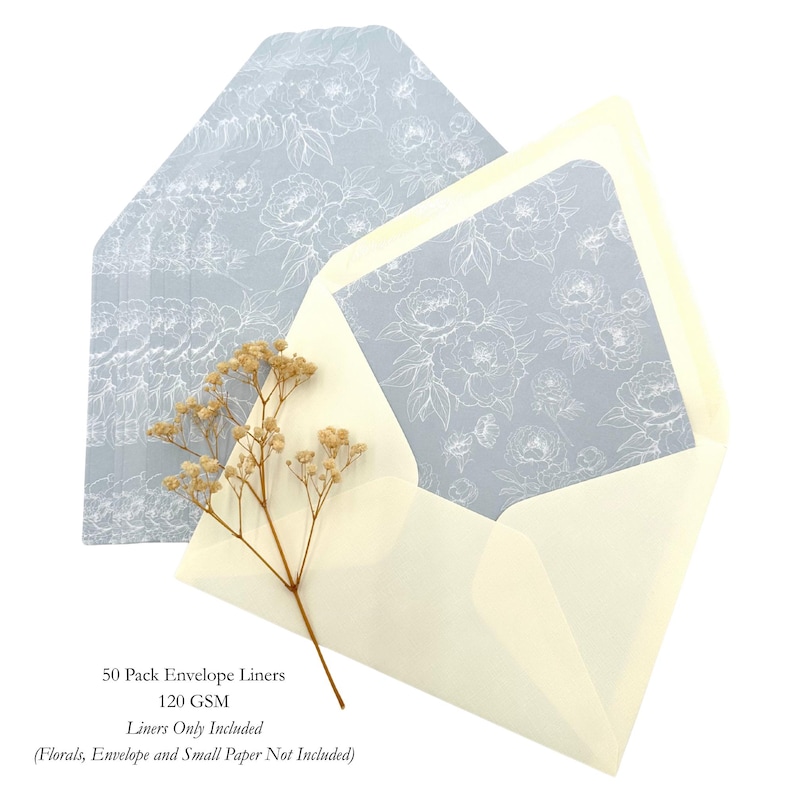 May include: A set of cream-colored envelopes with pale blue floral patterned liners. The liners feature a delicate white flower design. The image includes text that reads "50 Pack Envelope Liners 120 GSM Liners Only Included (Florals, Envelope and Small Paper Not Included)".