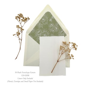 May include: An open cream-colored envelope with a green floral patterned liner, a white textured card, and dried floral accents. The text on the image reads: 50 Pack Envelope Liners, 120 GSM, Liners Only Included.