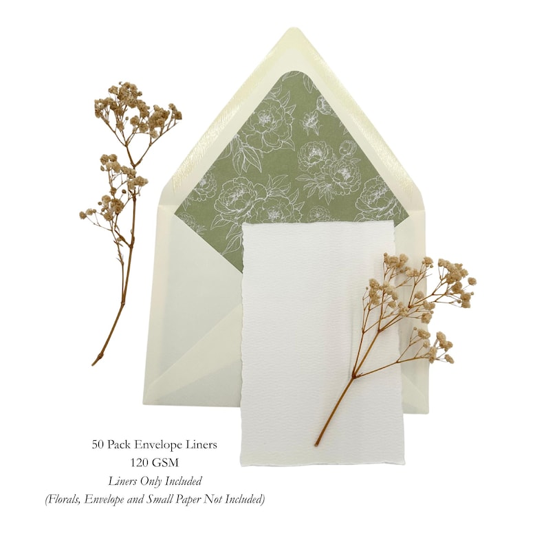 May include: An open cream-colored envelope with a green floral patterned liner, a white textured card, and dried floral accents. The text on the image reads: 50 Pack Envelope Liners, 120 GSM, Liners Only Included.