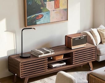 Walnut Mid Century TV Stand Farmhouse Entertainment Console Media Cabinet Storage