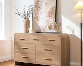 Modern Curved 7 Drawer Dresser Wide Bedroom Chest Storage TV Stand Oak