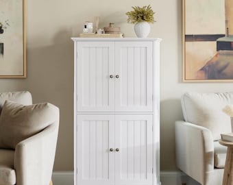 White Bathroom Floor Cabinet 4 Door Storage Cupboard Modern Linen Hutch Adjustable Shelving Unit