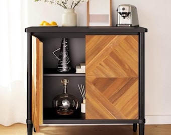 Solid Wood Sideboard Buffet Cabinet Chevron Accent Storage Rustic Farmhouse Teak Brown