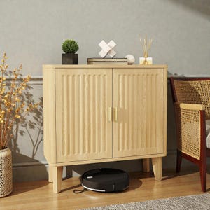 May include: A light wood cabinet with two doors and vertical grooved detailing. The cabinet has brass-colored handles and sits on short legs. A small potted plant, decorative objects, and a robotic vacuum cleaner are also visible.