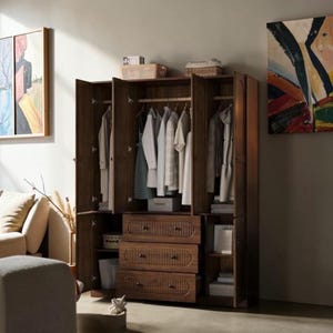 72" Walnut Armoire Wardrobe Closet Large 4 Door Clothing Organizer with 3 Hanging Rods
