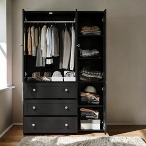 71" Modern Black Armoire Wardrobe with Mirror Crystal Knobs 4 Door Clothing Closet