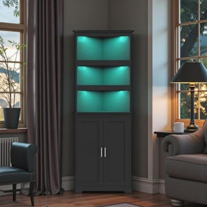 May include: A tall, dark gray corner cabinet featuring three open upper shelves illuminated by integrated teal LED lighting and a lower storage section with two solid doors equipped with vertical silver handles, designed to fit into a room corner.