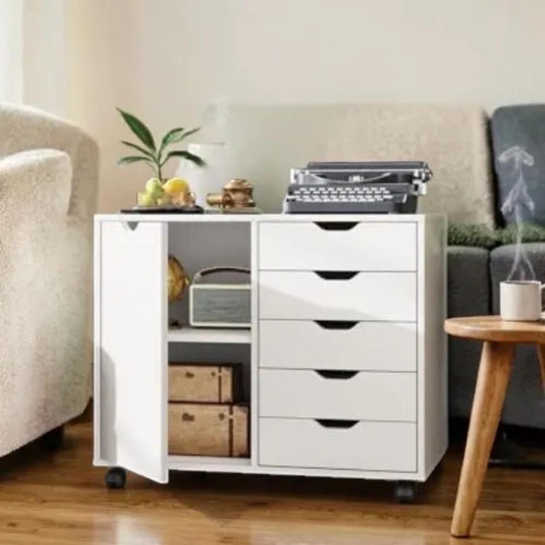 5 Drawer Wood Storage Cabinet With Wheels, Office Printer Stand With ...