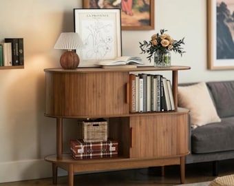 Modern Oval Buffet Cabinet Walnut Sliding Door Coffee Bar Storage Sideboard